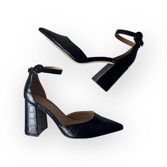 MARC FISHER Black Block Heels Leather Magie 6.5 Ankle Strap Animal Print Party - Picture 1 of 8